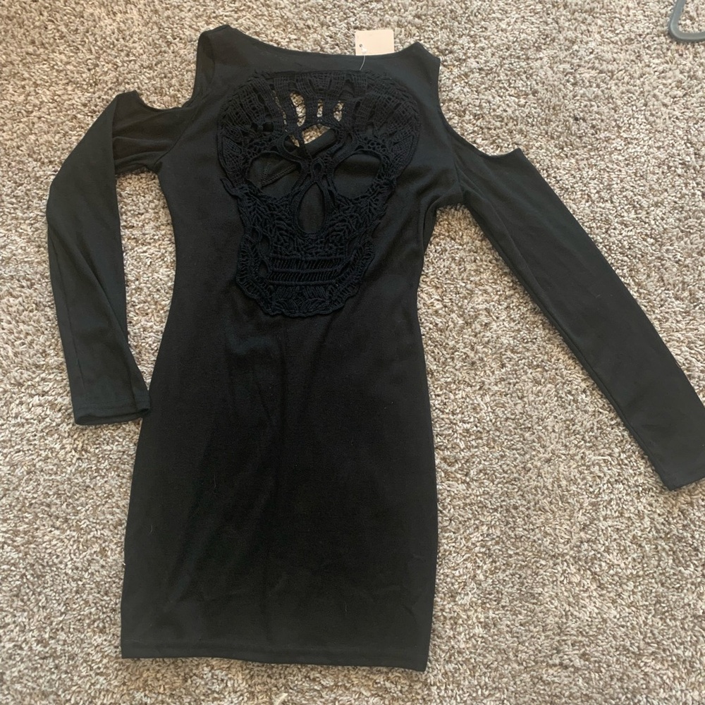 Black Cold Shoulder Dress with Skull Design